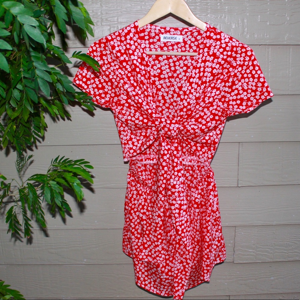 Red floral tie front cut-out romper